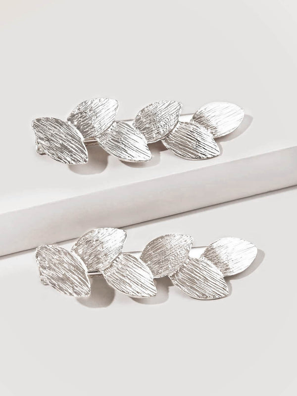 Reriti Leaf Shaped Embellished Hair Clip - 2pcs - Silver